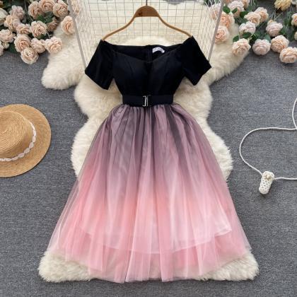 Schwarzes und rosa Tüll-Kurzkleid in A-Linie, modisches Kleid RF0021