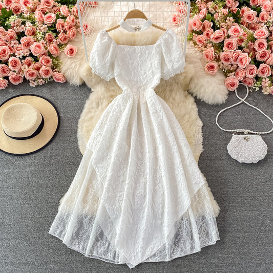 Weißes A-Linien-Kleid mit unregelmäßigem Schnitt, modisches Kleid RF0371