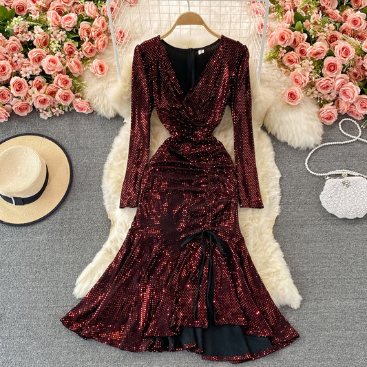 Süßes V-Ausschnitt Pailletten Langarm Kleid Modekleid RF0365