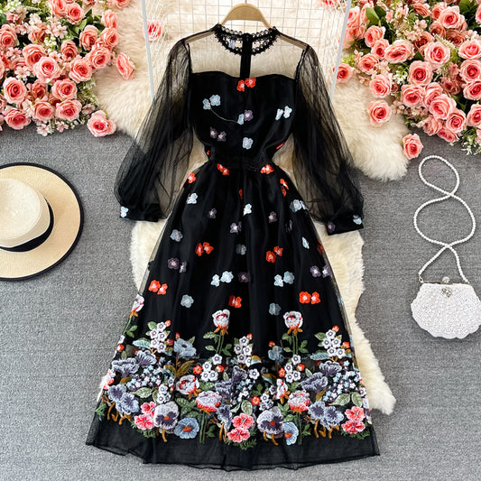 Schwarzes Langarmkleid aus Spitzentüll, modisches Kleid RF0362