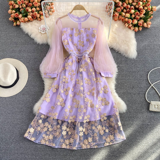 Lila Spitzen-Tüll-Langarmkleid Fashion Dress RF0361