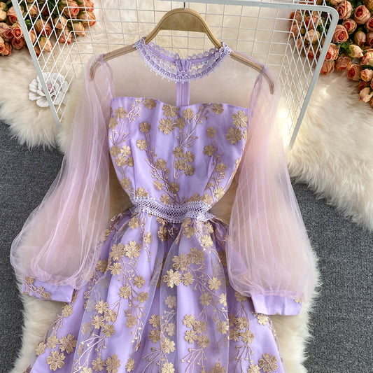 Lila Spitzen-Tüll-Langarmkleid Fashion Dress RF0361