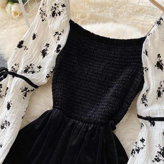 Schwarzes Samtkleid in A-Linie mit langen Ärmeln, modisches Kleid RF0356