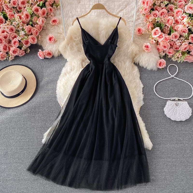 Simple V Neck Tulle Short Dress Black Party Dress  RF0312