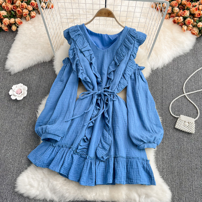 Robe bleue à manches longues et col en V, robe tendance RF0231