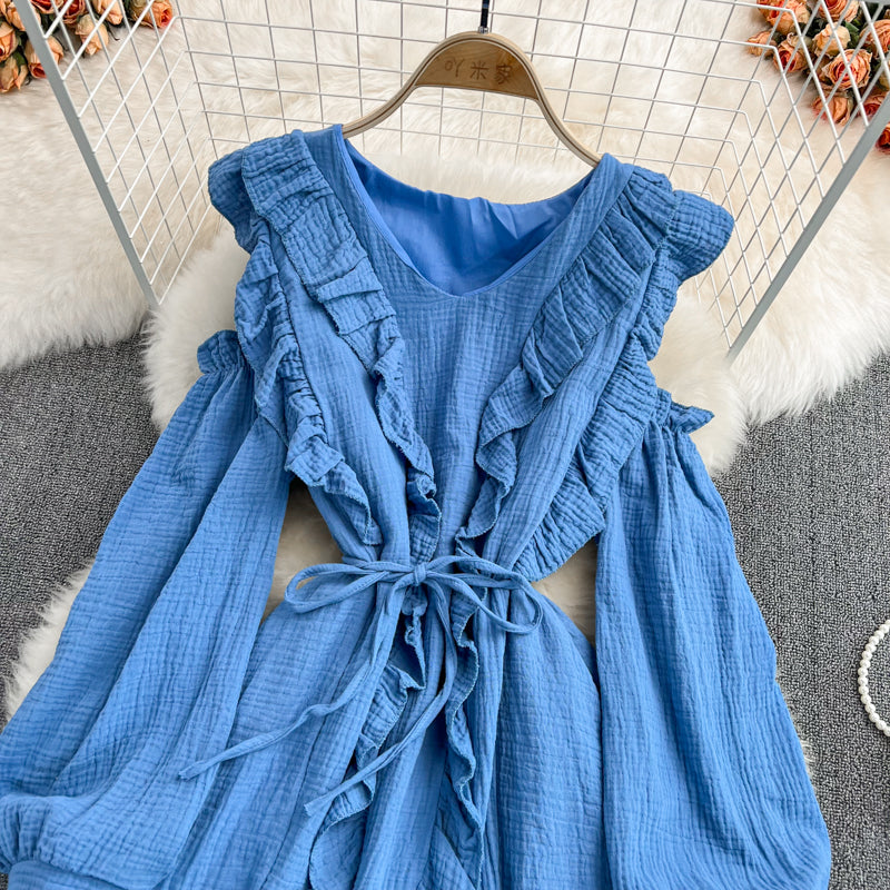 Robe bleue à manches longues et col en V, robe tendance RF0231