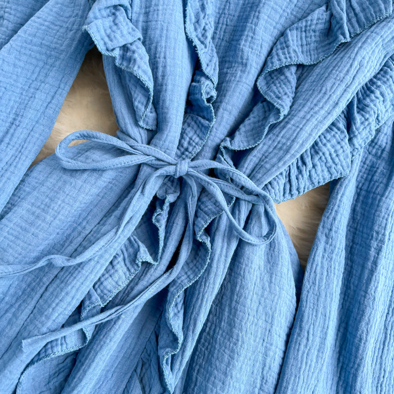 Robe bleue à manches longues et col en V, robe tendance RF0231