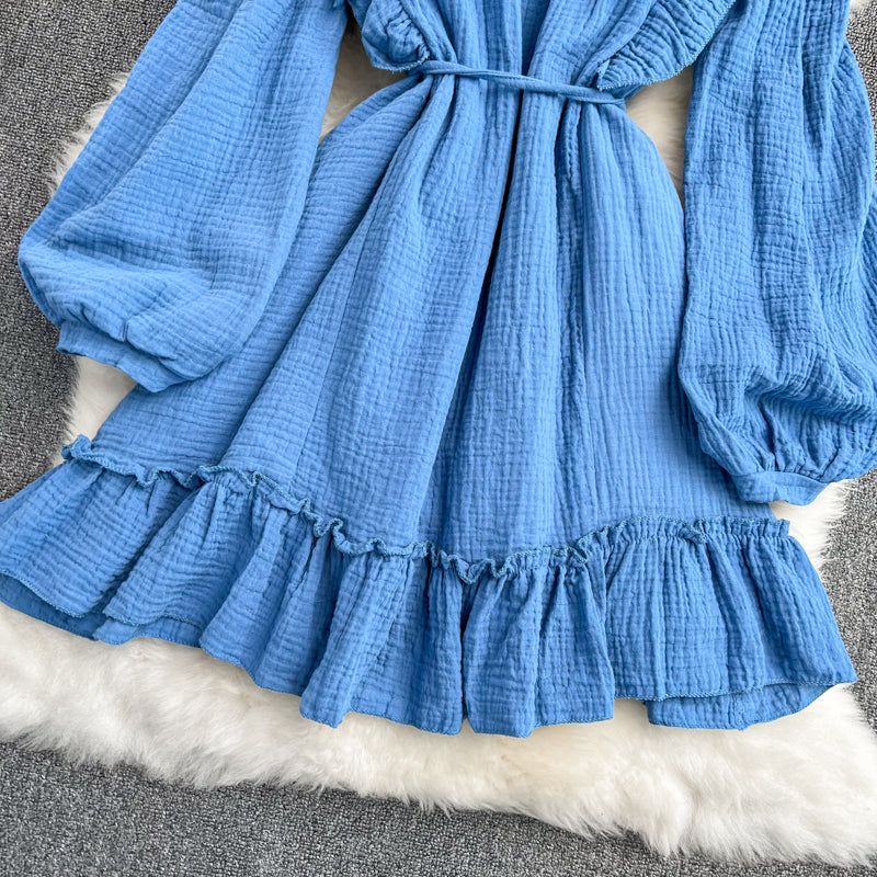 Robe bleue à manches longues et col en V, robe tendance RF0231