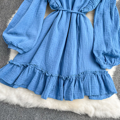 Robe bleue à manches longues et col en V, robe tendance RF0231