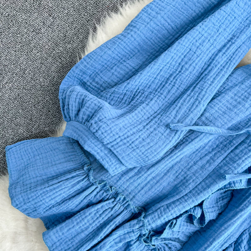 Robe bleue à manches longues et col en V, robe tendance RF0231