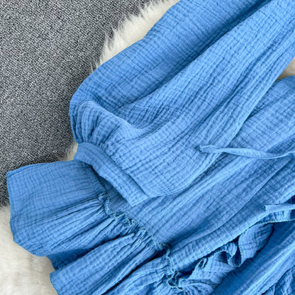 Robe bleue à manches longues et col en V, robe tendance RF0231