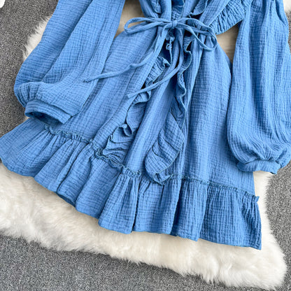 Robe bleue à manches longues et col en V, robe tendance RF0231