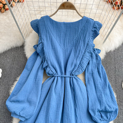 Robe bleue à manches longues et col en V, robe tendance RF0231