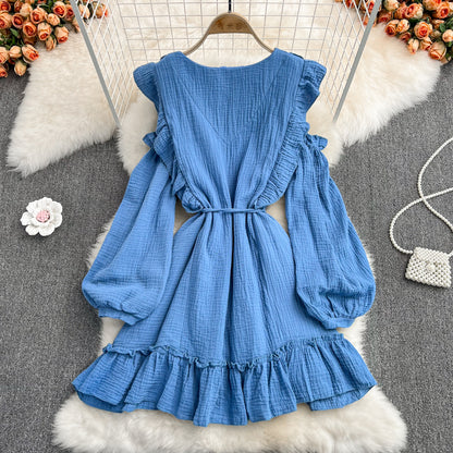 Robe bleue à manches longues et col en V, robe tendance RF0231