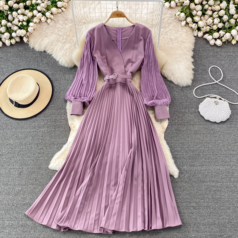 Robe élégante à manches longues et col en V, coupe trapèze, RF0228