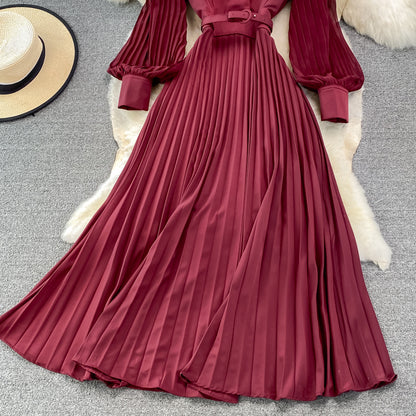 Robe élégante à manches longues et col en V, coupe trapèze, RF0228