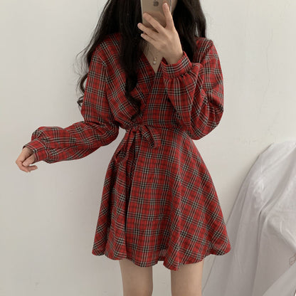 Robe à carreaux à manches longues et col en V, jolie robe tendance RF0225