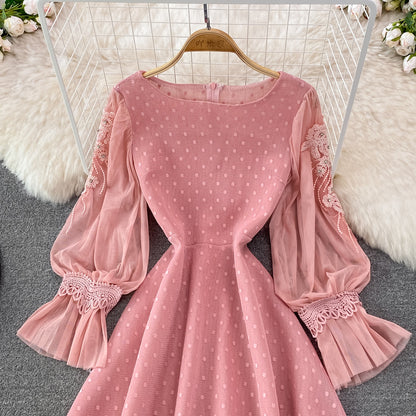 Robe trapèze à manches longues en dentelle, jolie robe tendance RF0222