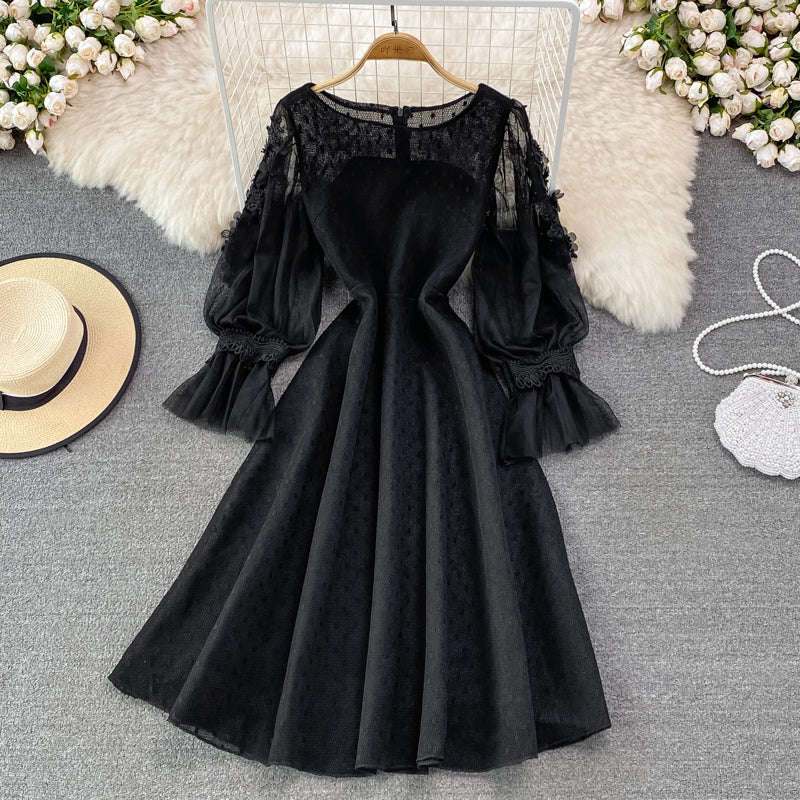 Robe trapèze à manches longues en dentelle, jolie robe tendance RF0222