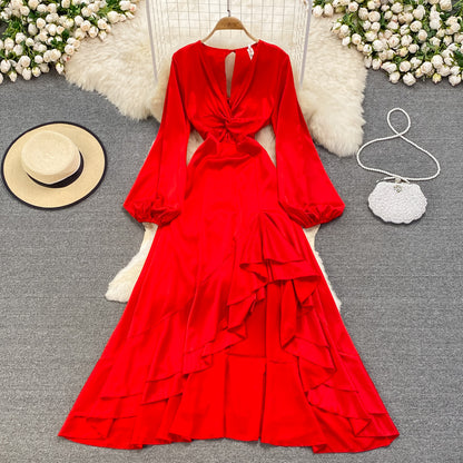 Robe longue trapèze en mousseline rouge, robe tendance rouge RF0221