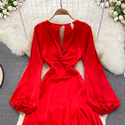 Robe longue trapèze en mousseline rouge, robe tendance rouge RF0221