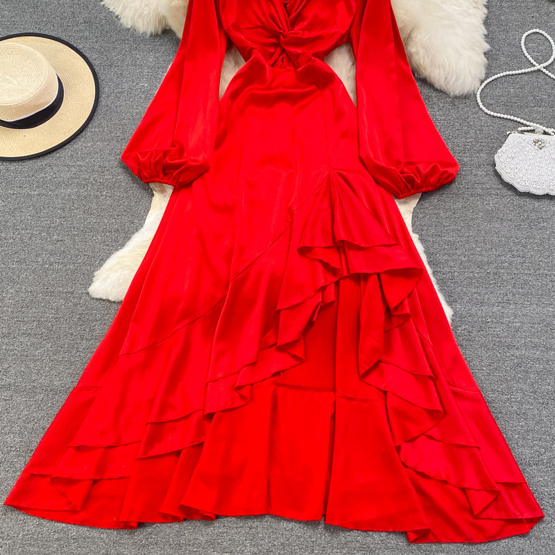 Robe longue trapèze en mousseline rouge, robe tendance rouge RF0221