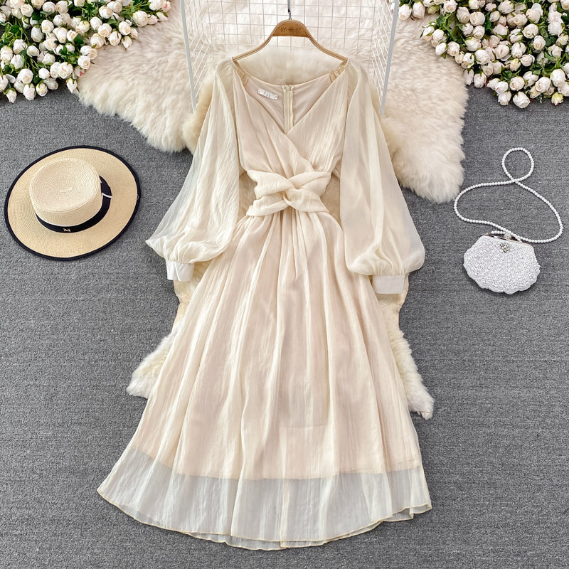 Robe champagne à manches longues et col en V, robe tendance RF0217