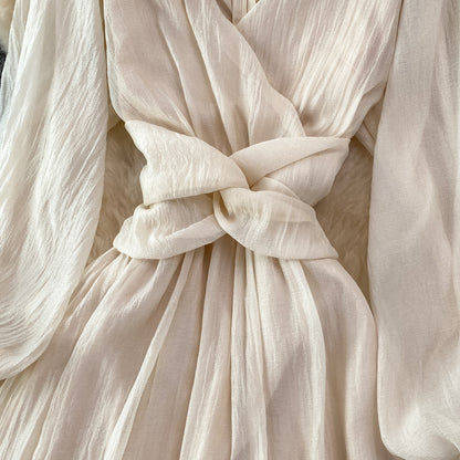 Robe champagne à manches longues et col en V, robe tendance RF0217
