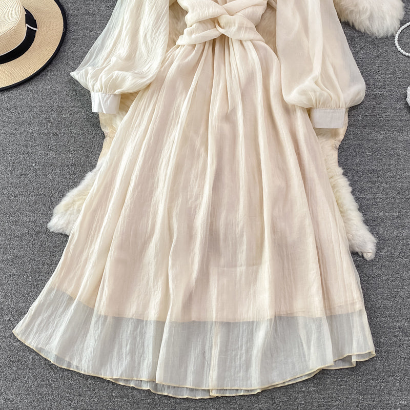 Robe champagne à manches longues et col en V, robe tendance RF0217