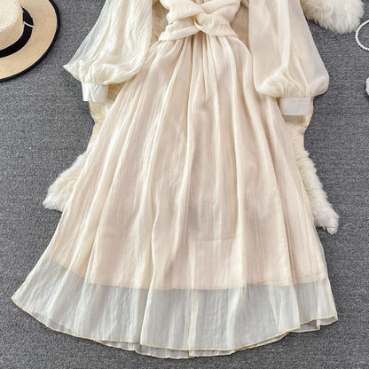 Robe champagne à manches longues et col en V, robe tendance RF0217