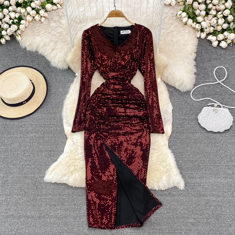 Robe sexy à manches longues et col en V avec paillettes, robe tendance RF0214