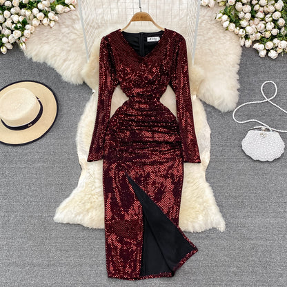 Robe sexy à manches longues et col en V avec paillettes, robe tendance RF0214