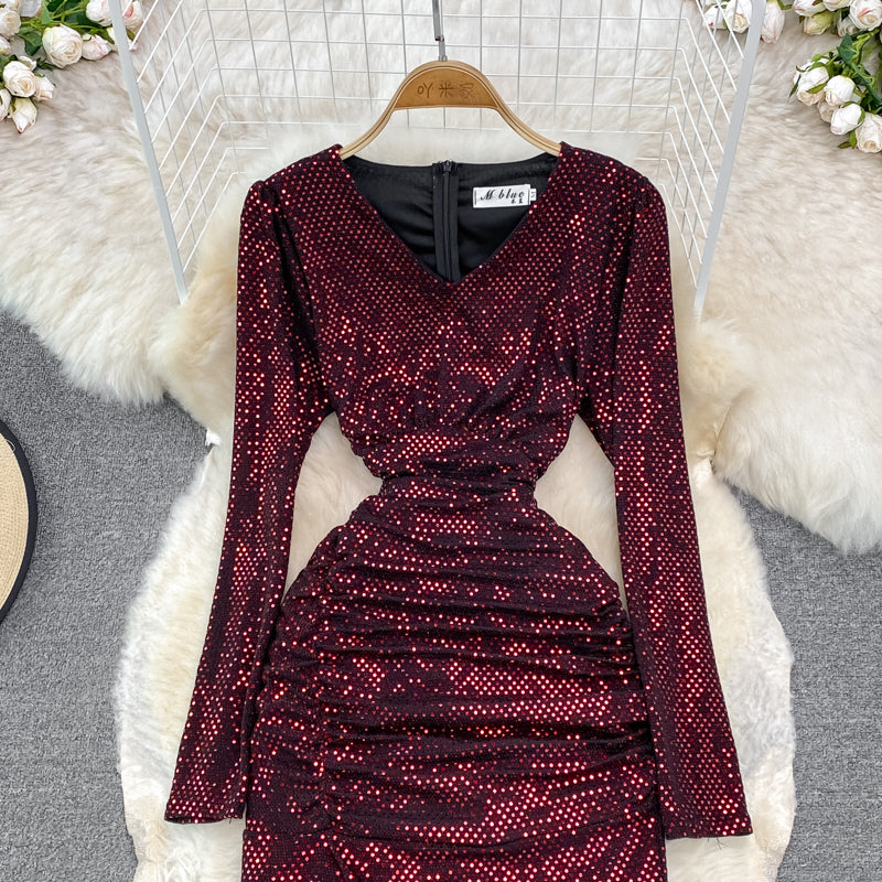 Robe sexy à manches longues et col en V avec paillettes, robe tendance RF0214