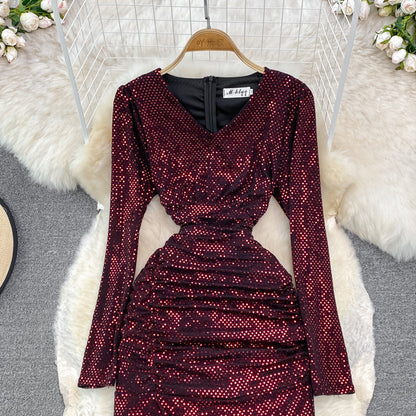 Robe sexy à manches longues et col en V avec paillettes, robe tendance RF0214