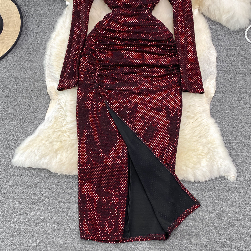 Robe sexy à manches longues et col en V avec paillettes, robe tendance RF0214