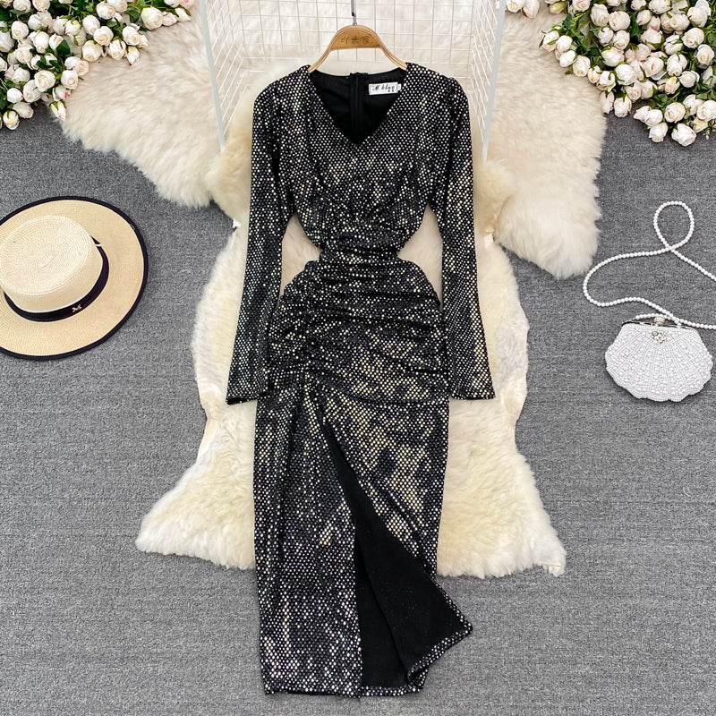 Robe sexy à manches longues et col en V avec paillettes, robe tendance RF0214