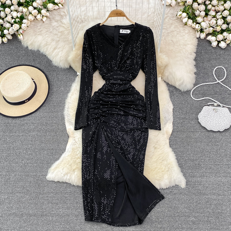 Robe sexy à manches longues et col en V avec paillettes, robe tendance RF0214