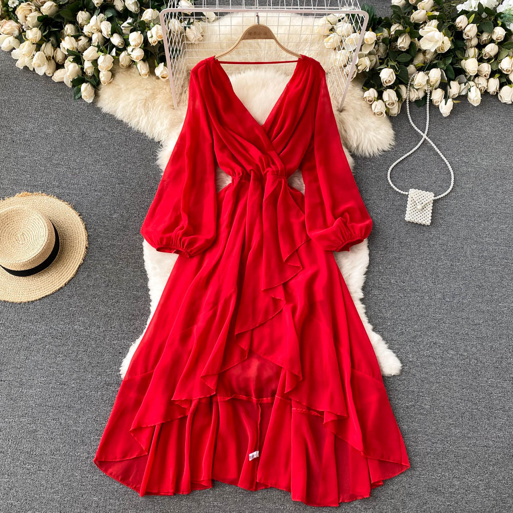 Robe rouge en mousseline à manches longues et col en V, coupe trapèze, RF0213