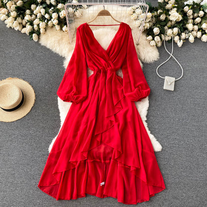 Robe rouge en mousseline à manches longues et col en V, coupe trapèze, RF0213
