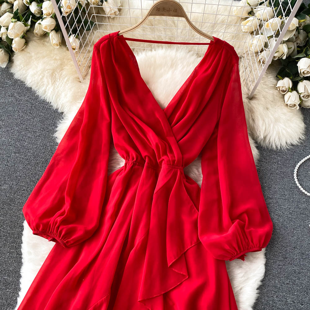 Robe rouge en mousseline à manches longues et col en V, coupe trapèze, RF0213