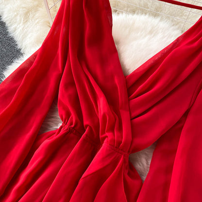 Robe rouge en mousseline à manches longues et col en V, coupe trapèze, RF0213