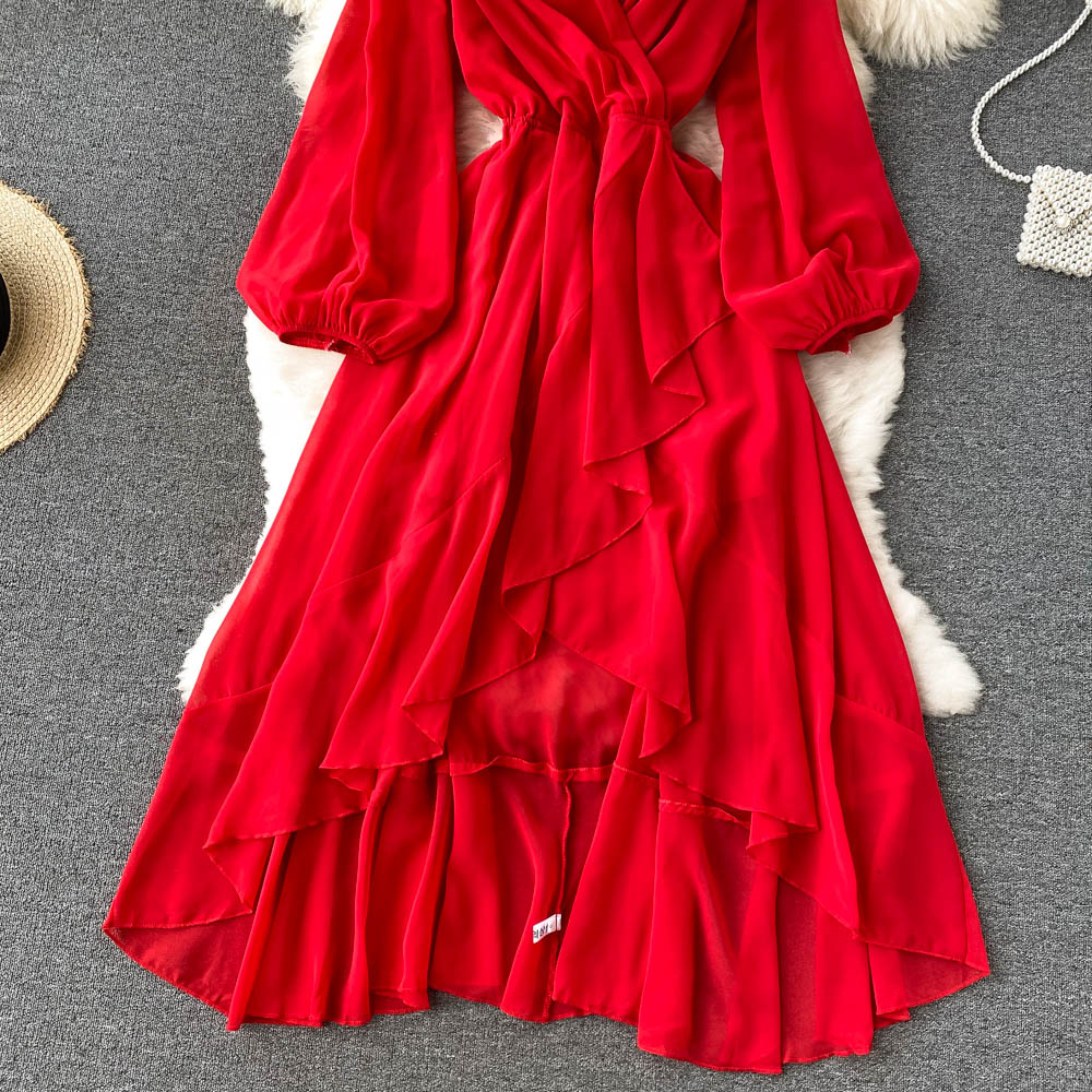 Robe rouge en mousseline à manches longues et col en V, coupe trapèze, RF0213