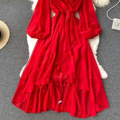 Robe rouge en mousseline à manches longues et col en V, coupe trapèze, RF0213