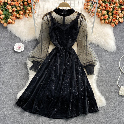 Robe courte en velours noir et dentelle Robe noire tendance RF0212