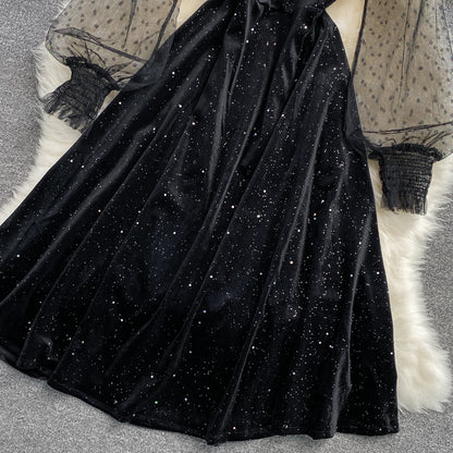 Robe courte en velours noir et dentelle Robe noire tendance RF0212