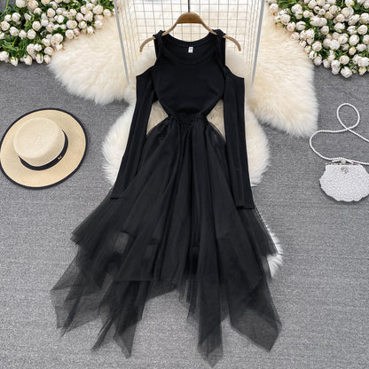 Robe noire irrégulière à manches longues et épaules dénudées, robe tendance RF0205