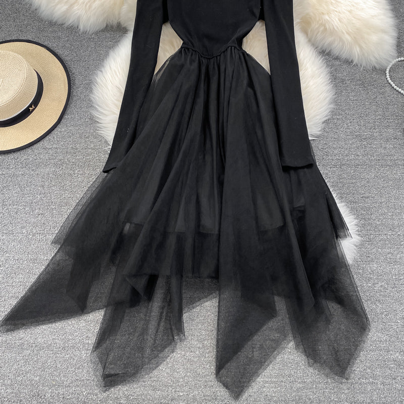 Robe noire irrégulière à manches longues et épaules dénudées, robe tendance RF0205