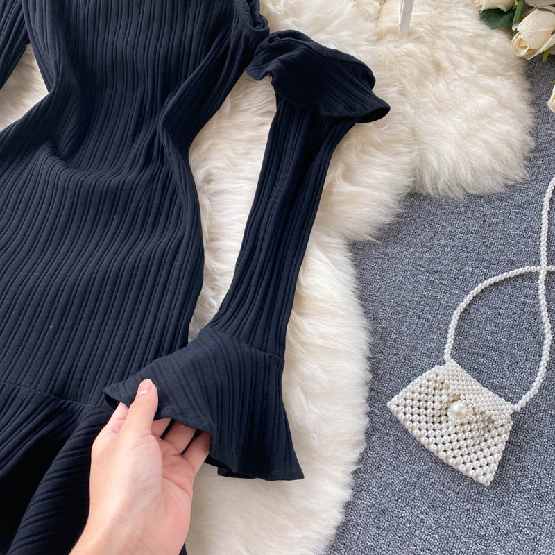Robe noire asymétrique à manches longues, robe tendance RF0204
