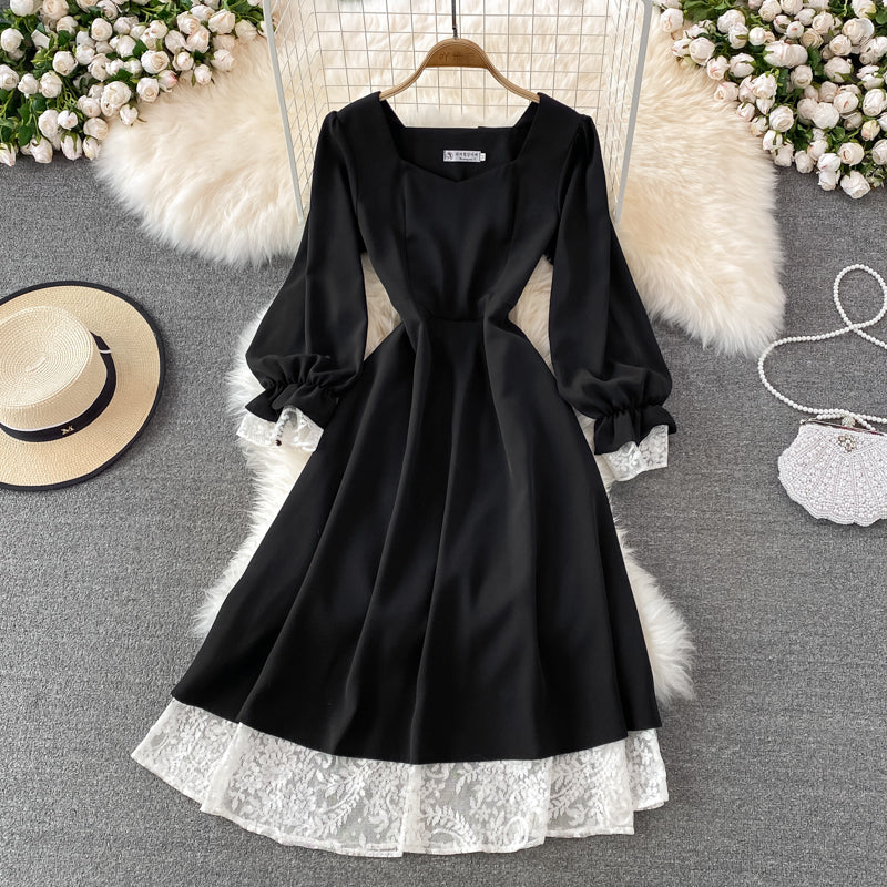Robe courte noire en dentelle trapèze, robe tendance à lacets RF0198