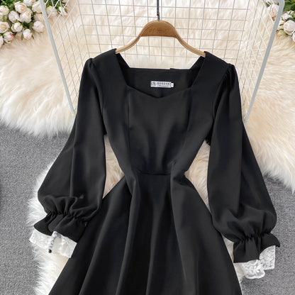 Robe courte noire en dentelle trapèze, robe tendance à lacets RF0198